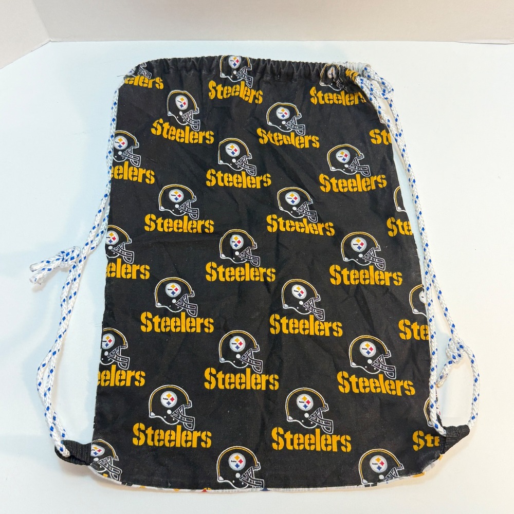 Drawstring Bag Black Pittsburgh Steelers Fabric Reversible Cinch Sack Handmade
